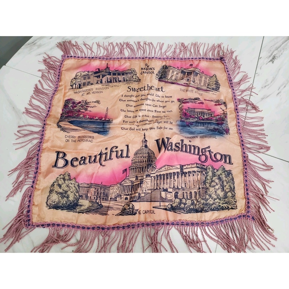 Vintage Washington State souvenir pillow cover - 16" square - pink fringe